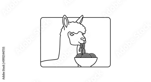 Funny Alpaca Eating Noodles in Bowl, Cute Animal Illustration, Line Art