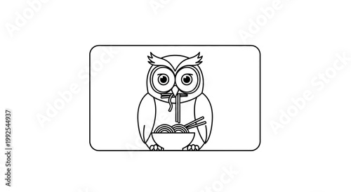 Cute Owl Eating Noodles with Chopsticks in Bowl, Line Art Illustration