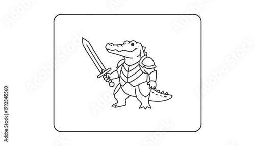 Cartoon Alligator Knight Warrior with Sword and Armor, Fantasy Character