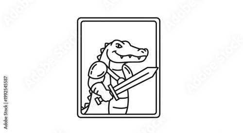 Cartoon alligator warrior with sword and armor, black and white line art