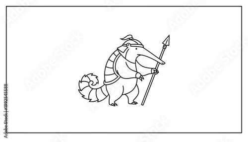 Cartoon Anteater Warrior Holding Spear, Stylized Line Art