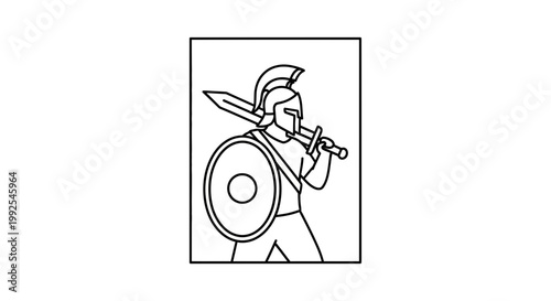 Spartan Warrior with Sword and Shield, Ancient Greek Soldier, Line Art Illustration