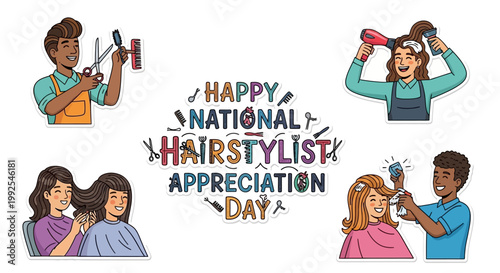 A colorful vector illustration celebrating National Hairstylist Appreciation Day, showcasing various salon workers styling hair with tools like scissors, combs, and hair dryers
