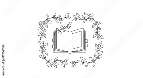 Open Book Surrounded by Delicate Floral Wreath, Vintage Illustration