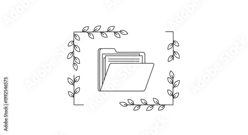 Open Folder with Documents and Decorative Floral Border, Minimalist Line Art Icon