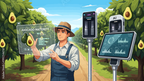 Man in hat holds avocado farm data.