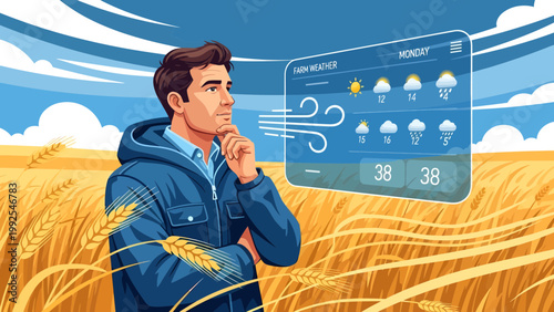 Man looking at weather forecast screen.