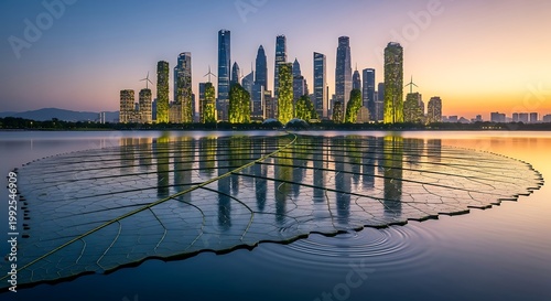 Futuristic floating city skyline on calm water, circular ripple patterns, golden sunset glow, sleek modern architecture, ultra-detailed, cinematic view