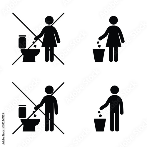 Vector set of waste disposal icons with correct and incorrect behavior. Includes no trash in toilet symbol and person throwing waste into bin. Perfect for infographics, UI UX, educational materials, s