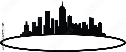 City skyline silhouette with a tall central skyscraper and oval frame vector illustration