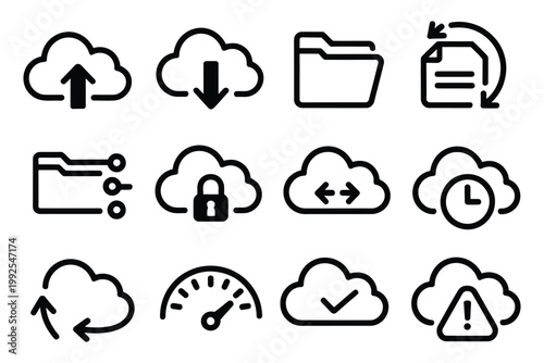Download clock vector generation history image icon set, simple folder sync shared files concept, modern minimal flat design, clean outline icons for file management