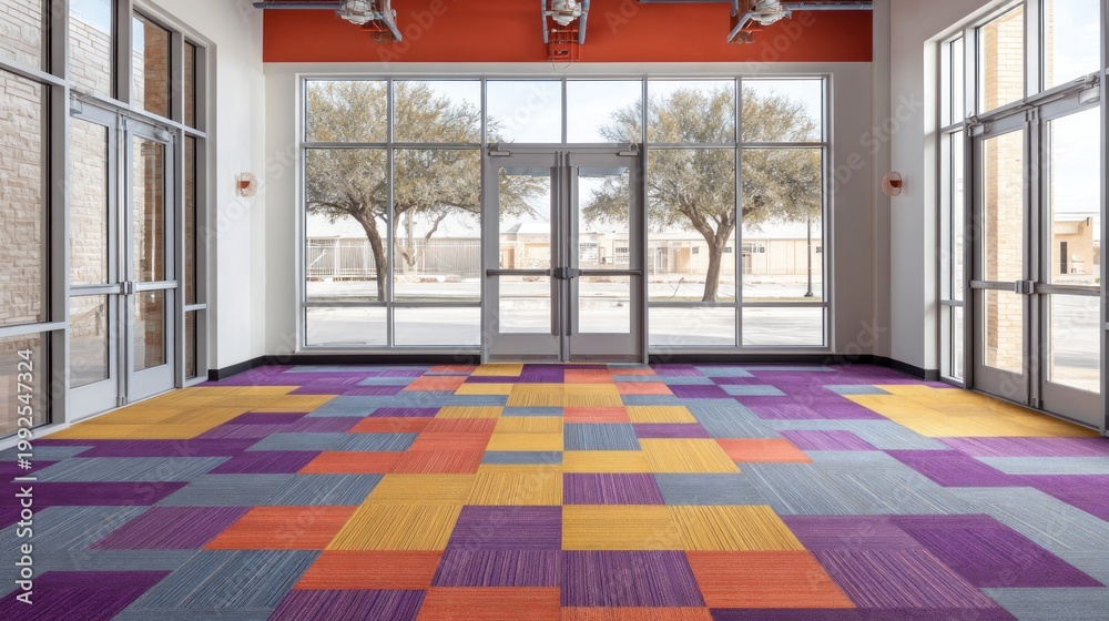 Fototapeta premium Modern interior with colorful geometric carpet and natural light