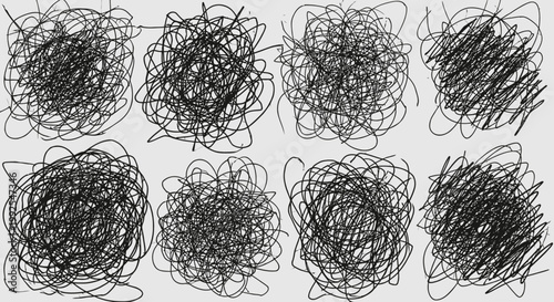 A series of four dense, chaotic scribble patterns in black ink, creating a high-contrast and expressive texture that mimics frantic drawing, tangled threads, or abstract conceptual art backgrounds.
