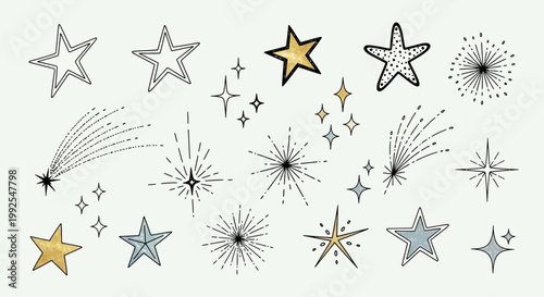An assortment of charming hand-drawn star and sparkle icons featuring different ray counts and styles, perfect for adding a personal and whimsical touch to greeting cards or social media graphics.