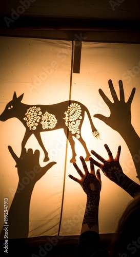 Hands Create Shadow Animal Puppet Show Warm Amber Light Texture Background