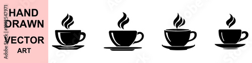 Hand drawn coffee cup and saucer vector icons black silhouette mug collection minimal cafe logo illustration isolated modern flat design bundle set