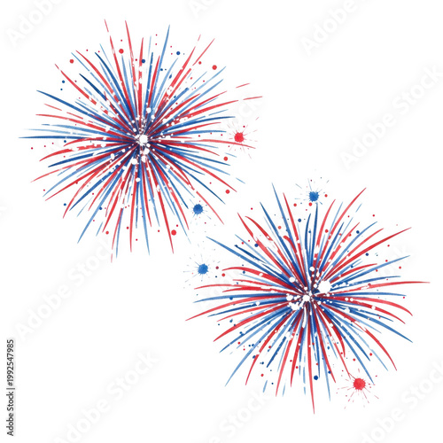 two highly detailed watercolor paintings of dynamic red and blue fireworks explosions with crisp brushstrokes and hyperrealistic paper texture, isolated on a transparent background, concept for