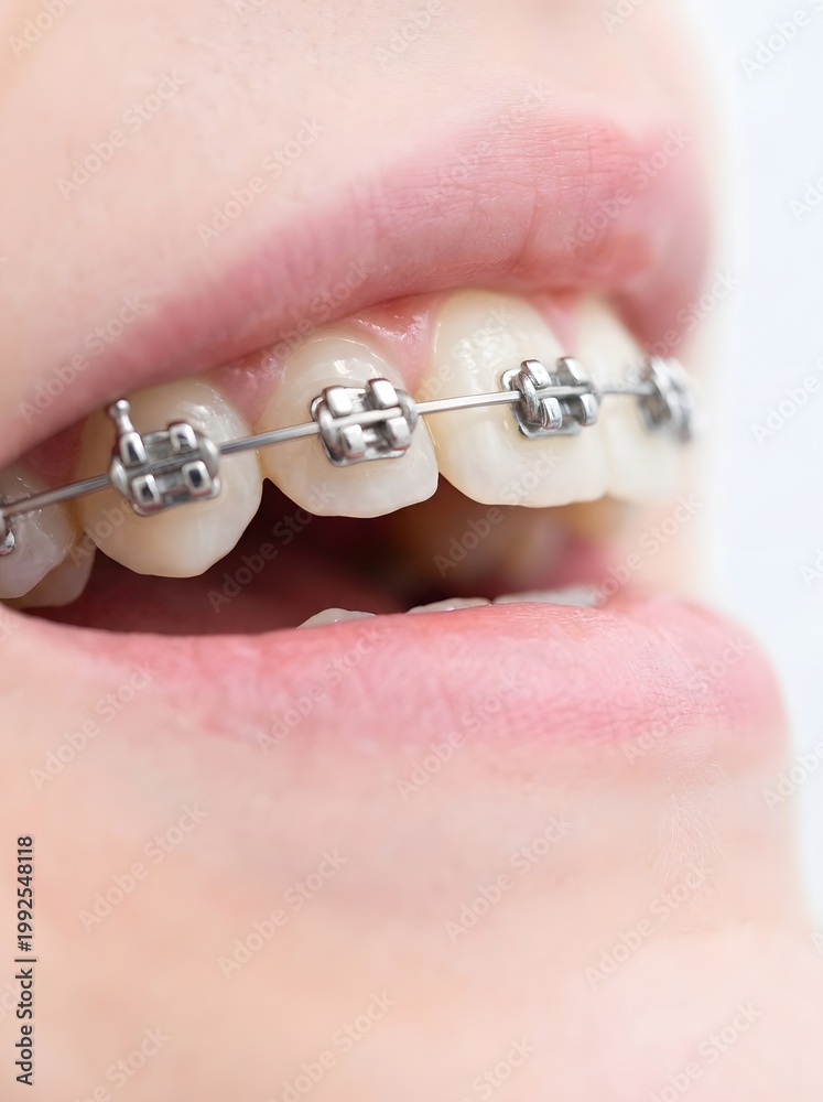 Fototapeta premium Close up of Teeth with Metal Braces for Orthodontic Treatment and Dental Health