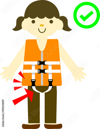 子どものライフジャケットの正しい着方　手順イラスト　水難事故防止　安全教育　解説イラスト