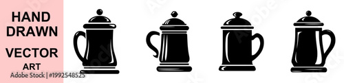 Hand drawn french press coffee maker vector icons set classic brewing pot silhouette collection hot beverage equipment illustration cafe tool black white design