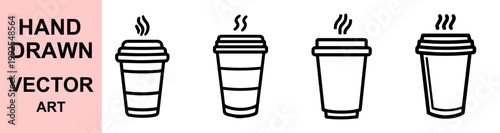 Hand drawn takeaway coffee cup vector icon set disposable paper mug illustration hot drink to go collection minimal line art beverage design isolated