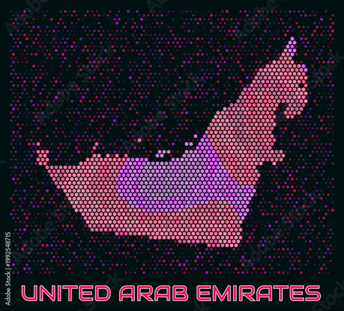 United Arab Emirates digital style hexagon map. Vibrant magenta purple pink neon dotted shape. Country tiny bright hexagon cells. United Arab Emirates honeycomb map design.