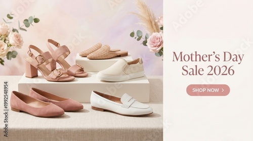 Mothers day sale 2026 promotional banner featuring a collection of stylish womens footwear
