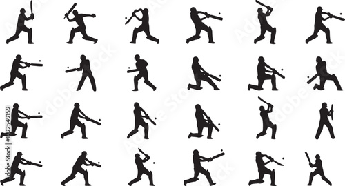Comprehensive Collection of Professional Cricket Batting Strokes and Shot Techniques Silhouette Icons.
