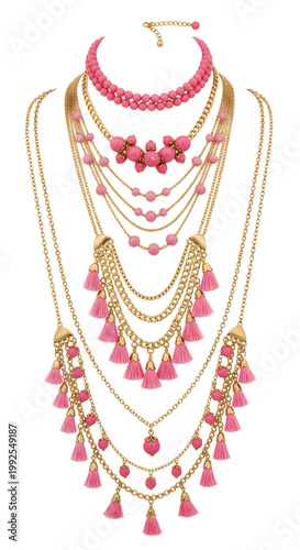 Vibrant pink and gold layered necklace set