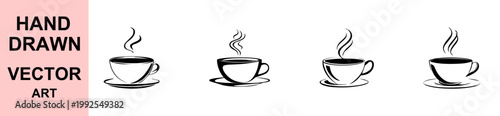Hand drawn coffee cup set with steam vector illustration black white minimal mug collection isolated beverage icon simple modern design clipart bundle