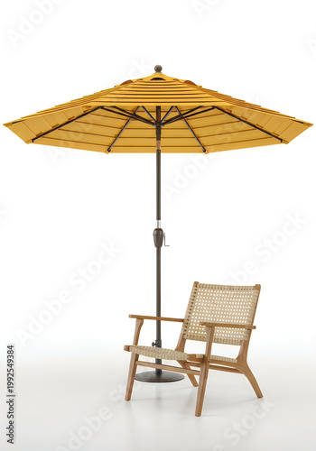 Vibrant yellow patio umbrella with green chair