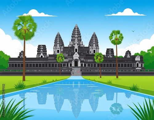 Artistic Illustration of Angkor Wat Temple. Stylized illustration of Angkor Wat temple complex with palm trees, water reflection, and birds in the sky.