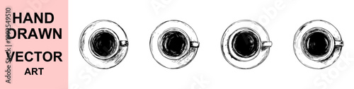 Top view coffee cup hand drawn vector sketch illustration black white round mug beverage design isolated minimal cafe drink icon collection set