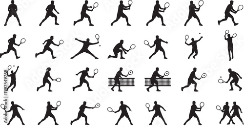 Tennis Rally Sequence and Professional Shot Technique Silhouette Icon Collection.