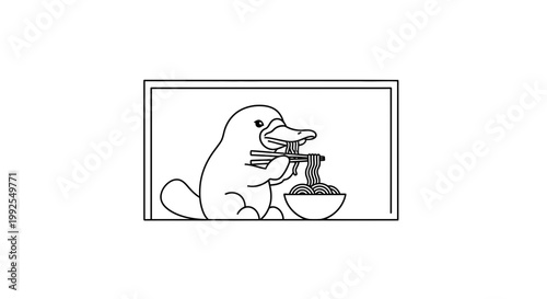 Cute Platypus Eating Noodles with Chopsticks - Funny Animal Illustration