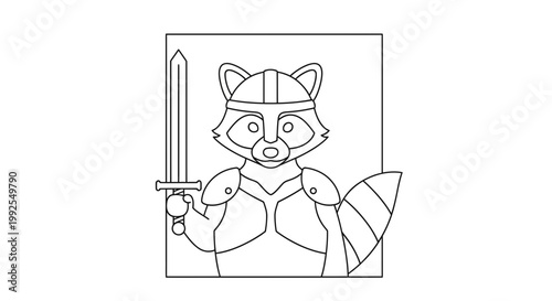 Cute Raccoon Warrior with Sword and Armor, Fantasy Character, Cartoon Style