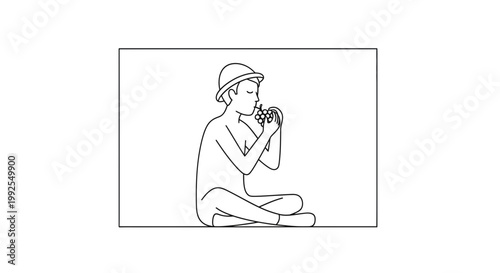 Child in hat eating grapes sitting cross-legged, line art