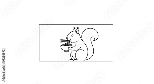 Cute Squirrel Eating Noodles with Chopsticks - Line Art Illustration