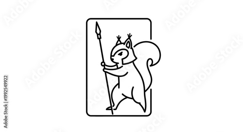 Cute Squirrel Warrior Holding Spear in Minimalist Line Art Style