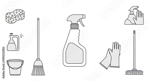 Cleaning supplies and tools set.