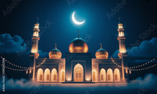 Islamic Mosque, Nighttime Illuminated Architecture, Crescent Moon, Ramadan Nights, Golden Light Building isolated on Transparent Background