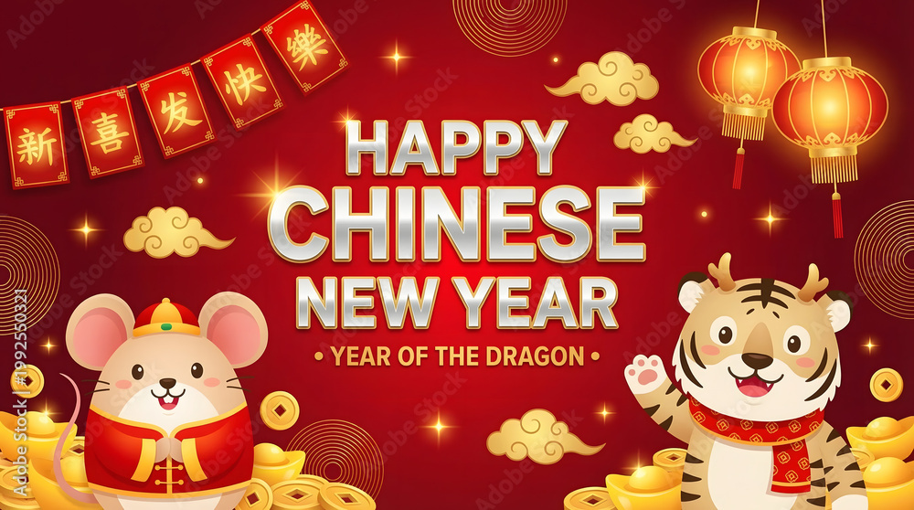 Fototapeta premium Happy Chinese New Year celebration with adorable mouse and tiger characters on a festive red background