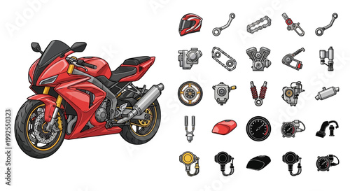 Red Motorcycle and Spare Parts.
