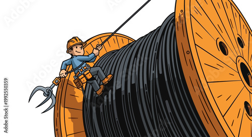 Man working on large spool cable.