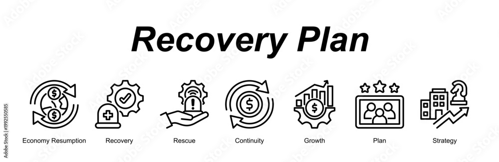 Fototapeta premium Recovery Plan banner web icon vector illustration concept with an icon of Economy Resumption, Recovery, Rescue, Continuity, Growth, Plan, Strategy 