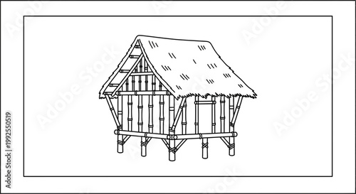 Traditional Bamboo Hut on Stilts, Thatched Roof, Tropical Architecture, Rustic Dwelling, Line Art