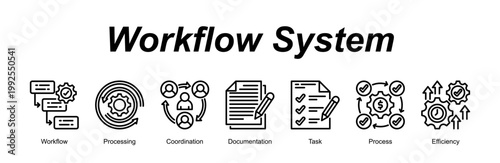 Workflow System banner web icon vector illustration concept with an icon of Workflow, Processing, Coordination, Documentation, Task, Process, Efficiency 