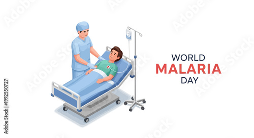 Isometric vector illustration depicting a healthcare worker attending to a patient in a hospital bed, promoting World Malaria Day and malaria awareness with a clean white background