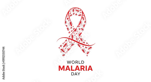 A vivid vector illustration promoting malaria awareness, featuring a red ribbon adorned with mosquito silhouettes, set against a clean white backdrop to amplify the healthcare campaign