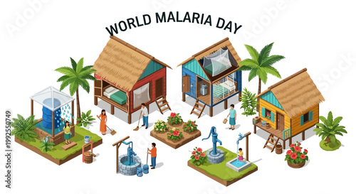 Isometric vector art for World Malaria Day showcases tropical village houses with families near water pumps, conveying a healthcare awareness illustration with a hopeful mood and a clean
